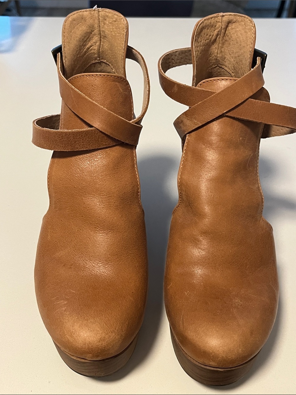 Free People Tan Leather Clog Mules with Cross Strap